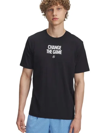 Tricou dun amestec de bumbac cu imprimeu text, pentru baschet Curry Playable, Negru/Alb murdar
