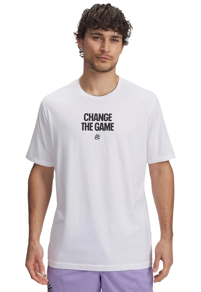 Tricou dun amestec de bumbac cu imprimeu text, pentru baschet Curry Playable, Alb/Negru