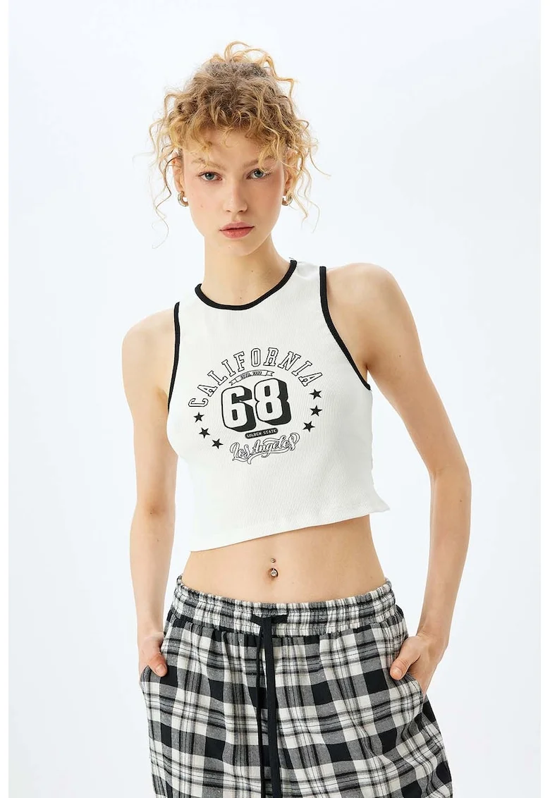 Top crop cu imprimeu text, Alb/Negru