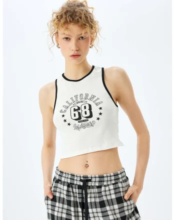 Top crop cu imprimeu text, Alb/Negru