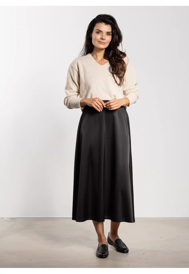 Fusta midi,  satin, talie inalta, croiala evazata, negru, poliester