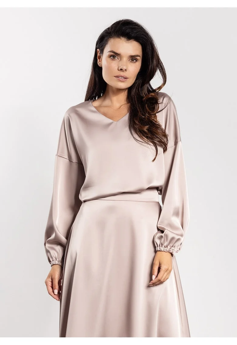 Bluza dama,  poliester, satin, decolteu in V, maneci lungi, bej