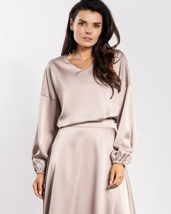 Bluza dama,  poliester, satin, decolteu in V, maneci lungi, bej