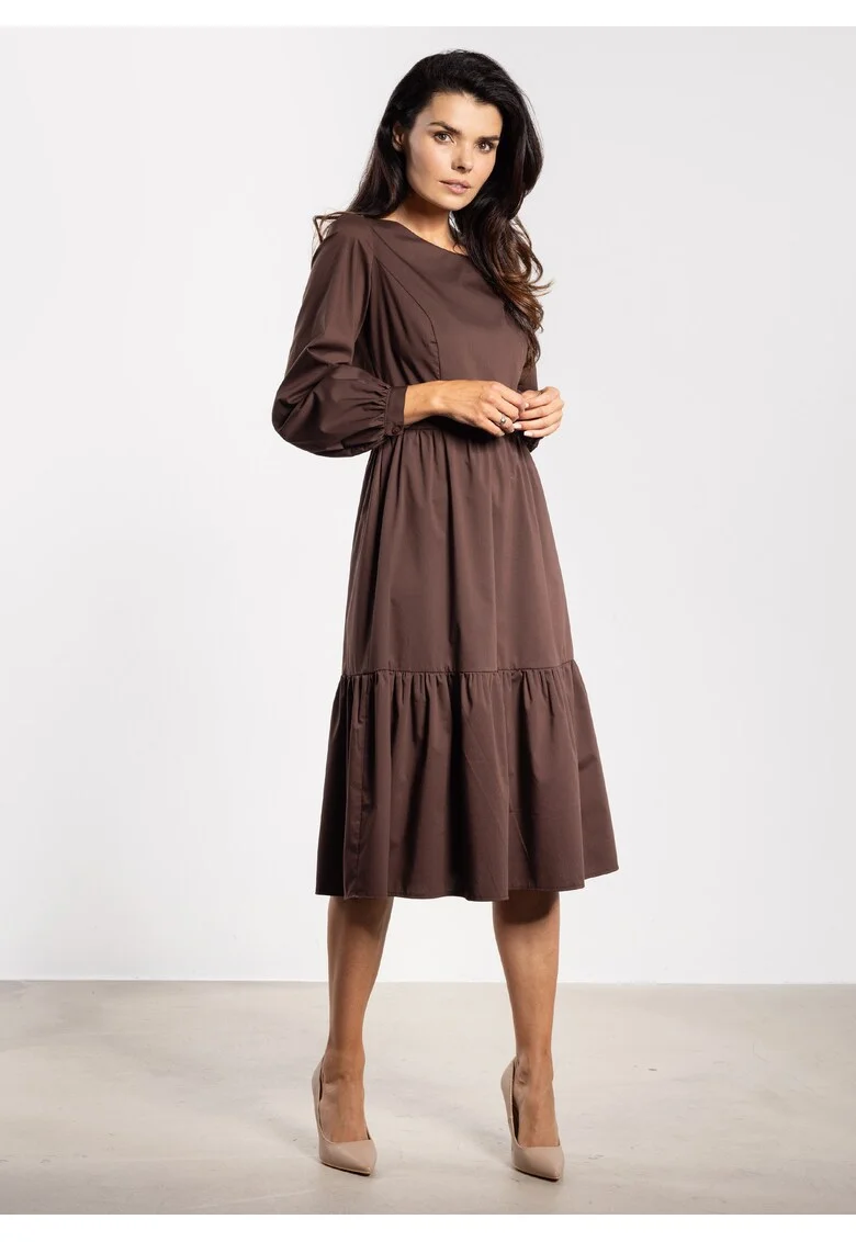 Rochie midi  A737, maneca lunga, ciocolatiu, nylon/spandex