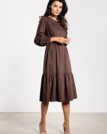Rochie midi  A737, maneca lunga, ciocolatiu, nylon/spandex
