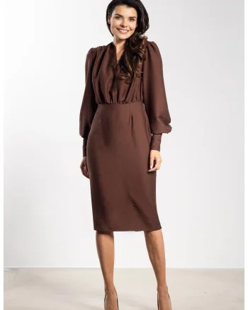 Rochie midi  A735, maneci lungi bufante, maro, rayon|nylon