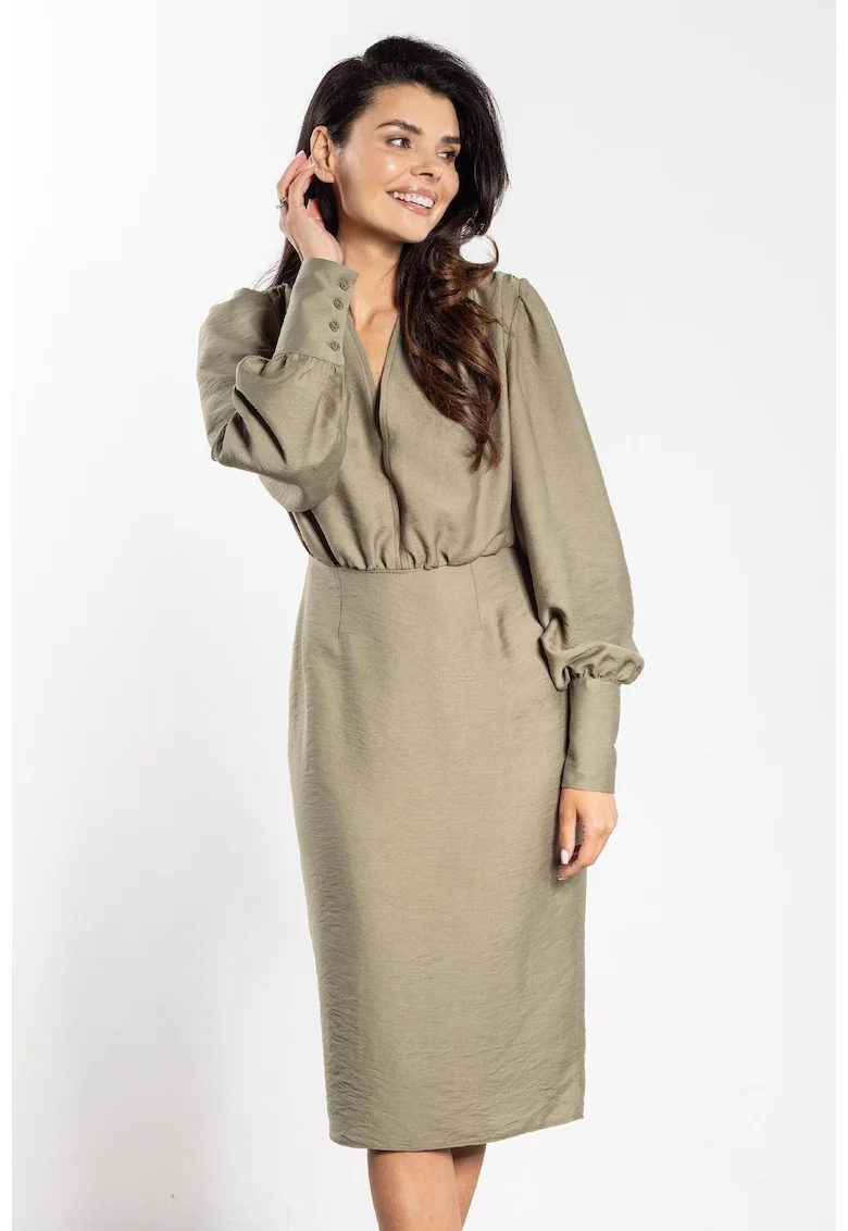 Rochie midi  A735, decolteu in V, verde, rayon|nylon