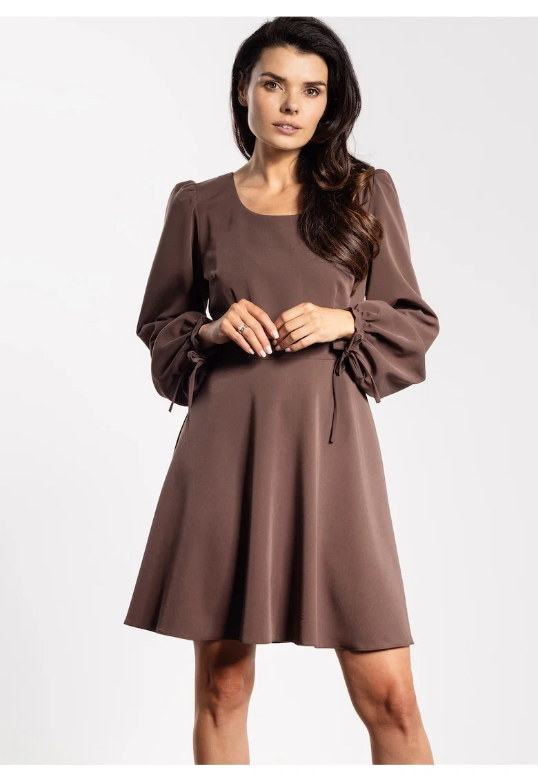 Rochie mini,  A741, maneca lunga, ciocolatiu, poliester/elastan