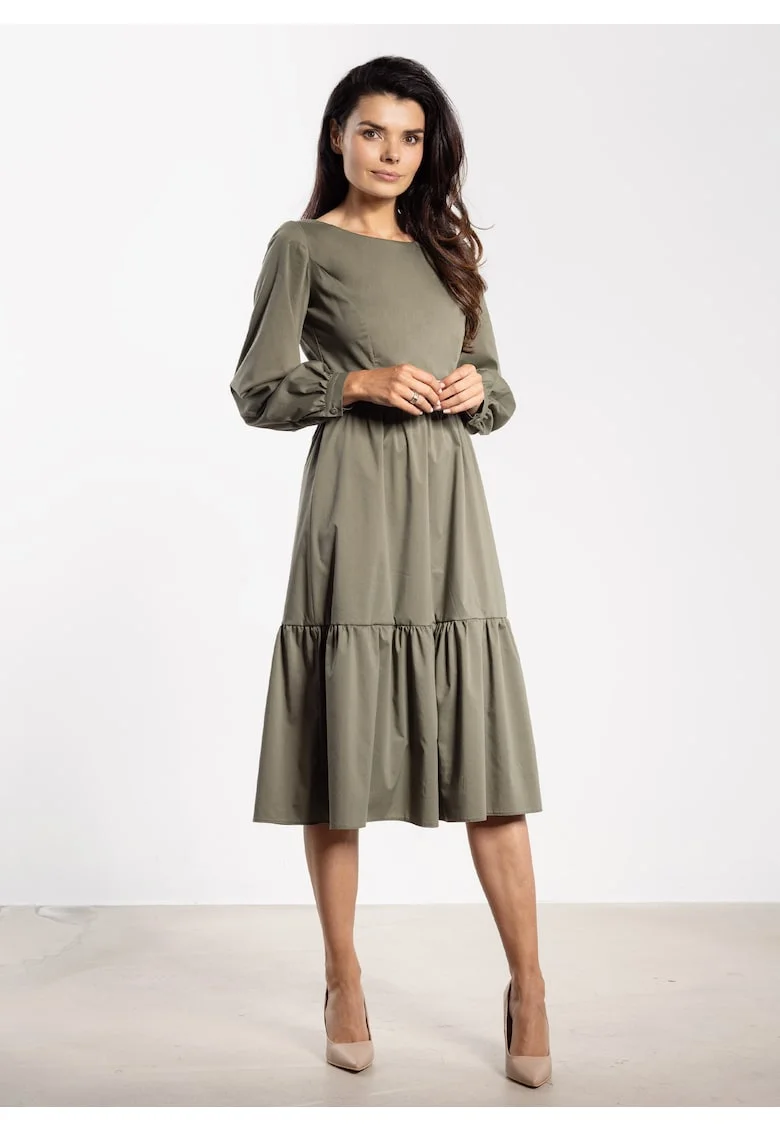 Rochie midi  A737, maneca lunga, verde, nylon/spandex