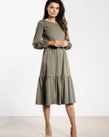 Rochie midi  A737, maneca lunga, verde, nylon/spandex