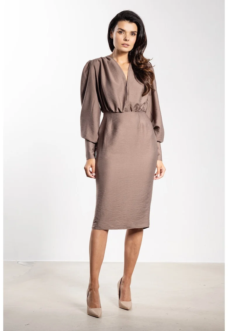 Rochie midi  decolteu V, bej, rayon|nylon