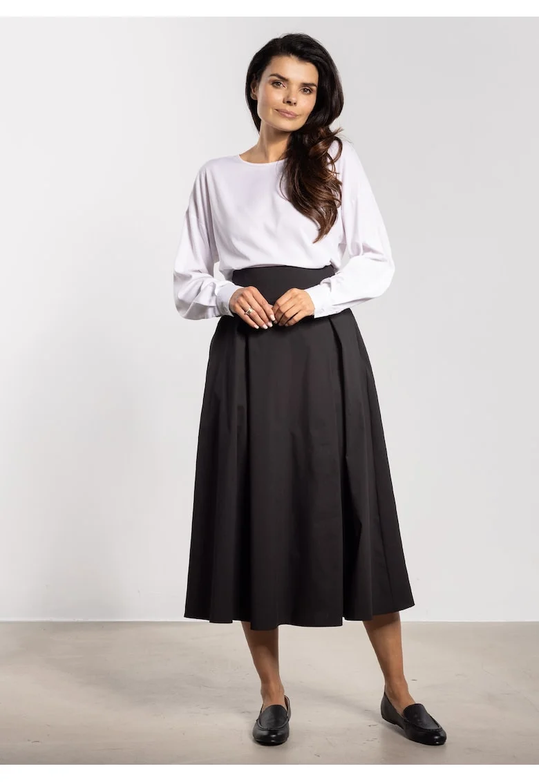 Fusta midi  talie inalta, cordon lat, neagra, nylon