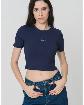 Tricou crop cu logo, pentru fitness, Alb murdar/Bleumarin