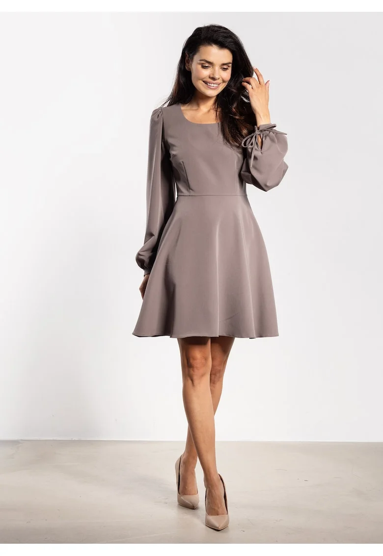 Rochie mini,  A741, maneca lunga, bej, poliester|elastan