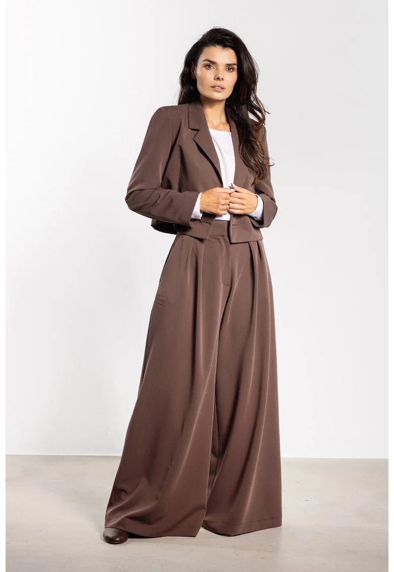 Pantaloni dama,  picior larg, talie inalta, poliester/elastan, maro