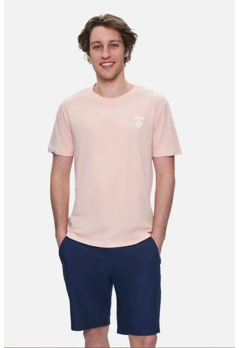 Tricou regular fit, decolteu la baza gatului, imprimeu cu logo, Roz, BASS, Roz
