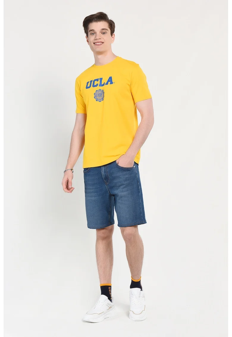 Tricou regular fit, decolteu la baza gatului, imprimeu cu logo, Galben, GAYLEY, Galben