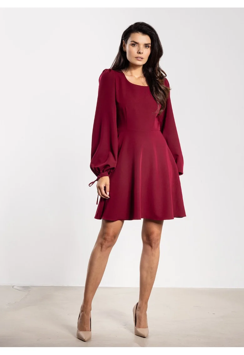 Rochie mini,  A741, evazata, maneca lunga, rosu, poliester-elastan