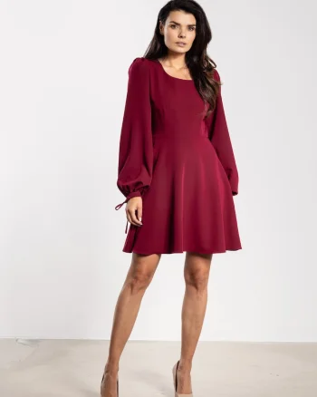 Rochie mini,  A741, evazata, maneca lunga, rosu, poliester-elastan