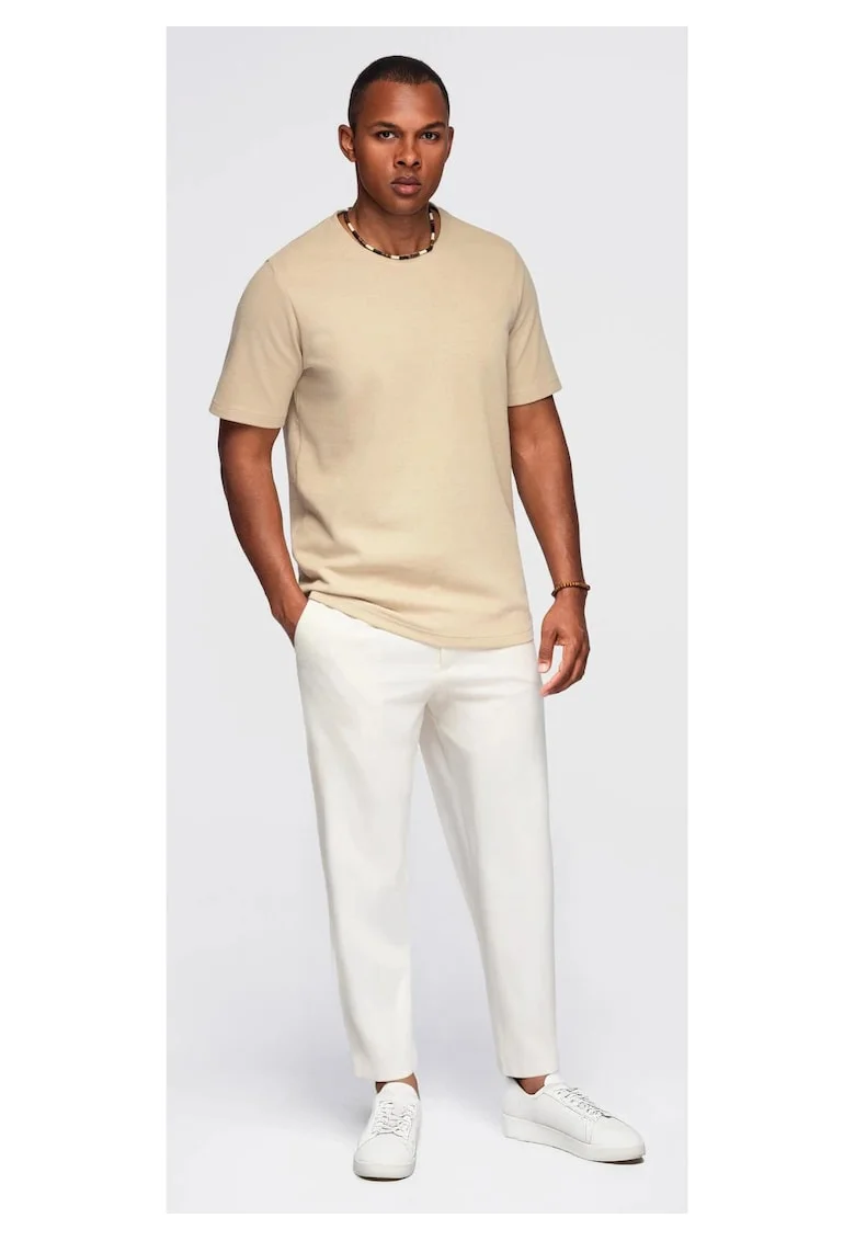 Tricou cu textura tip waffle si decolteu rotund  OM-TSCT-0197, Maro camel
