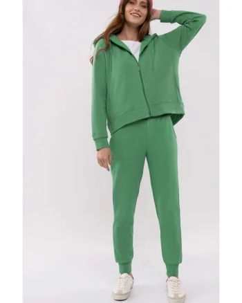 Pantaloni de trening pentru femei  N-Venis, verde, din amestec de bumbac cu snur de ajustare in talie