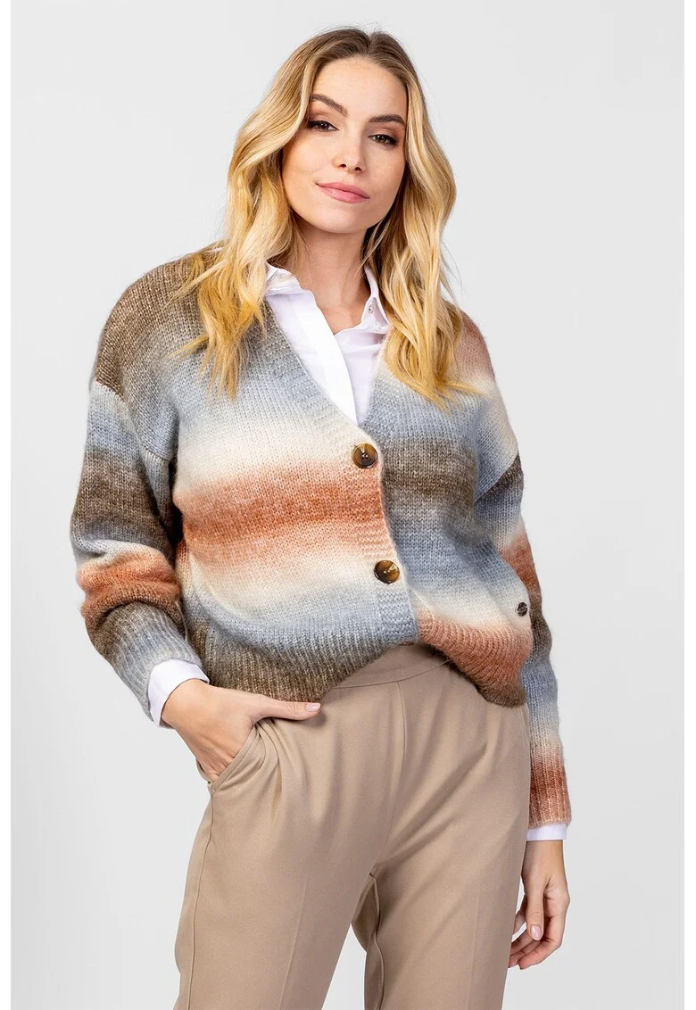Cardigan cu model tie-dye si decolteu in V, Gri melange/Portocaliu deschis