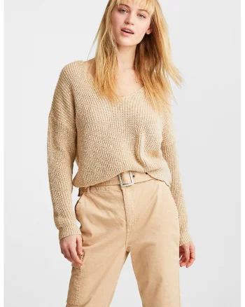 Pulover cu decolteu in V, Maro camel