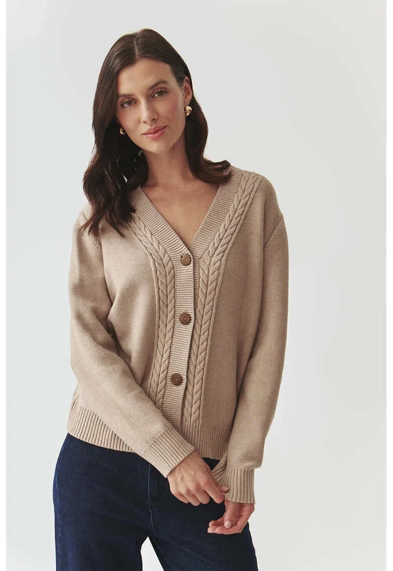 Pulover lejer cu nasturi, Maro camel