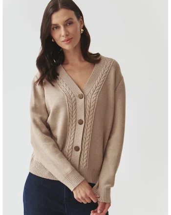 Pulover lejer cu nasturi, Maro camel