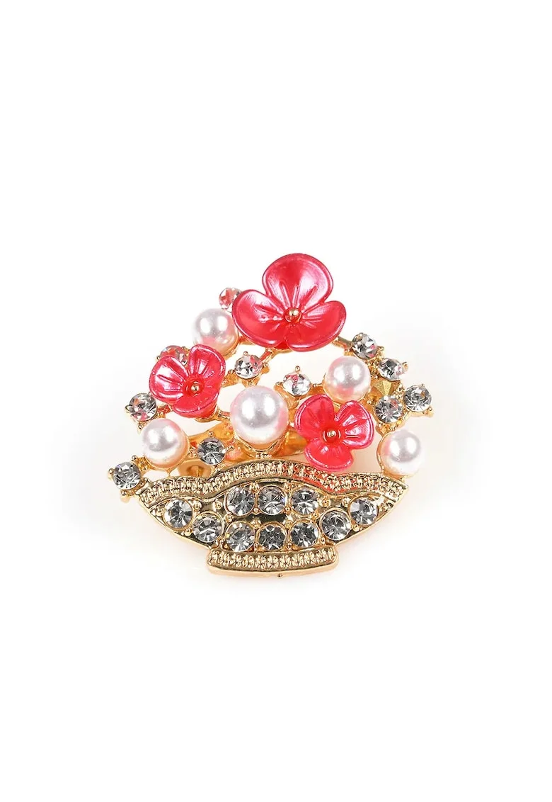 Brosa martisor cos auriu cu flori roz