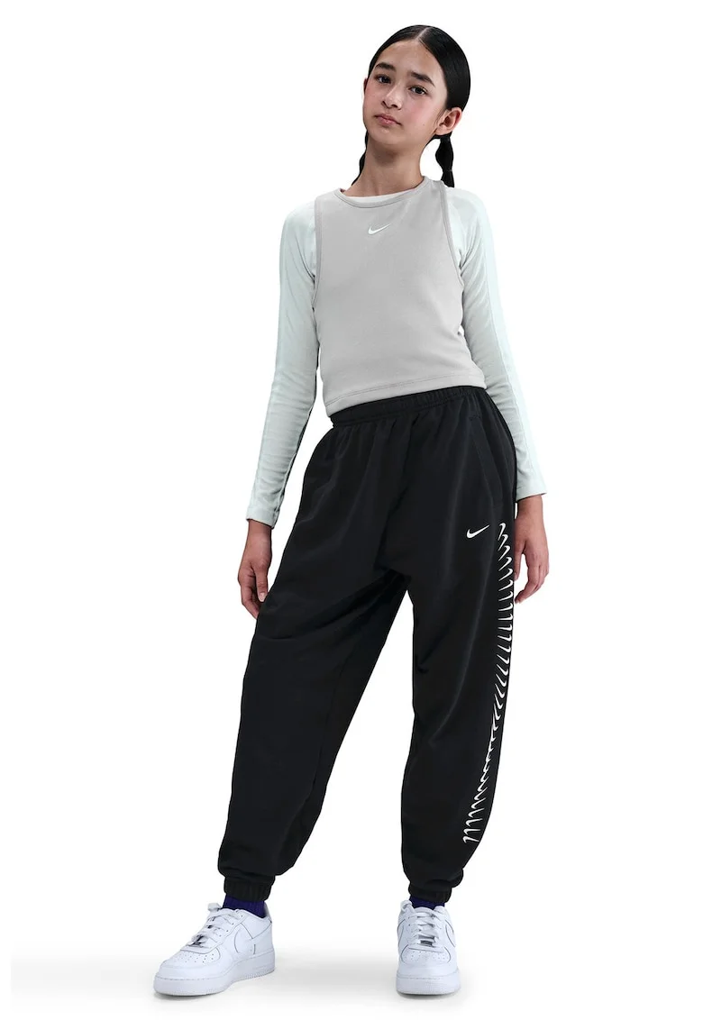 Pantaloni de trening cu model monograma lateral, Alb/Negru