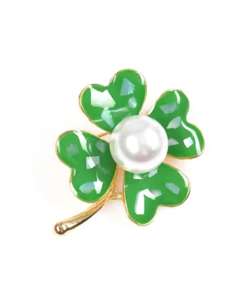 Brosa martisor trifoi verde cu perla alba