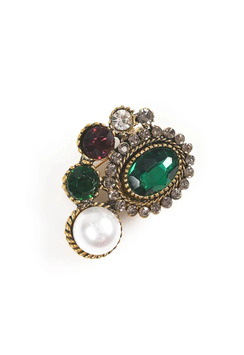 Brosa martisor vintage cu pietre verzi si perla