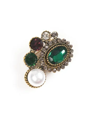 Brosa martisor vintage cu pietre verzi si perla