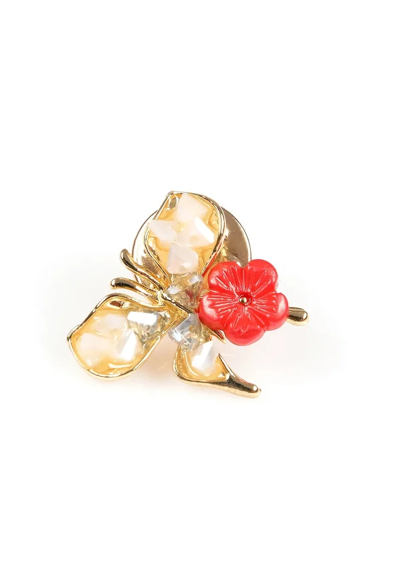 Brosa martisor fluture auriu cu floare rosie