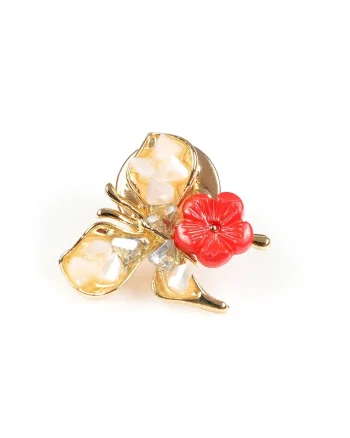 Brosa martisor fluture auriu cu floare rosie