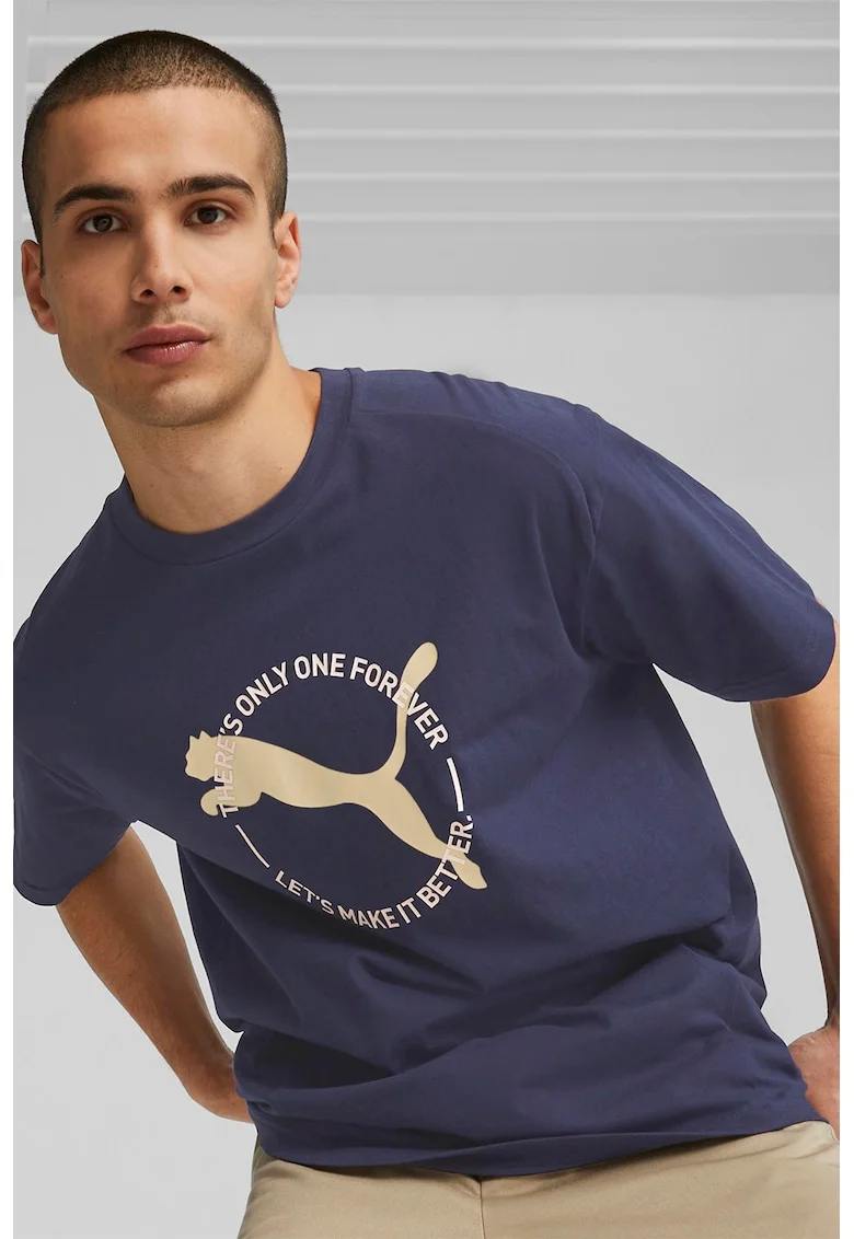 Tricou cu decolteu la baza gatului si imprimeu logo Better Sportswear, Maro camel/Bleumarin