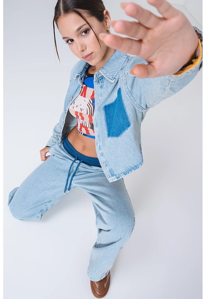 Jacheta crop din denim, Albastru deschis melange