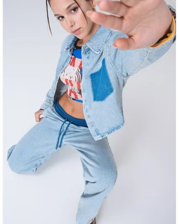 Jacheta crop din denim, Albastru deschis melange