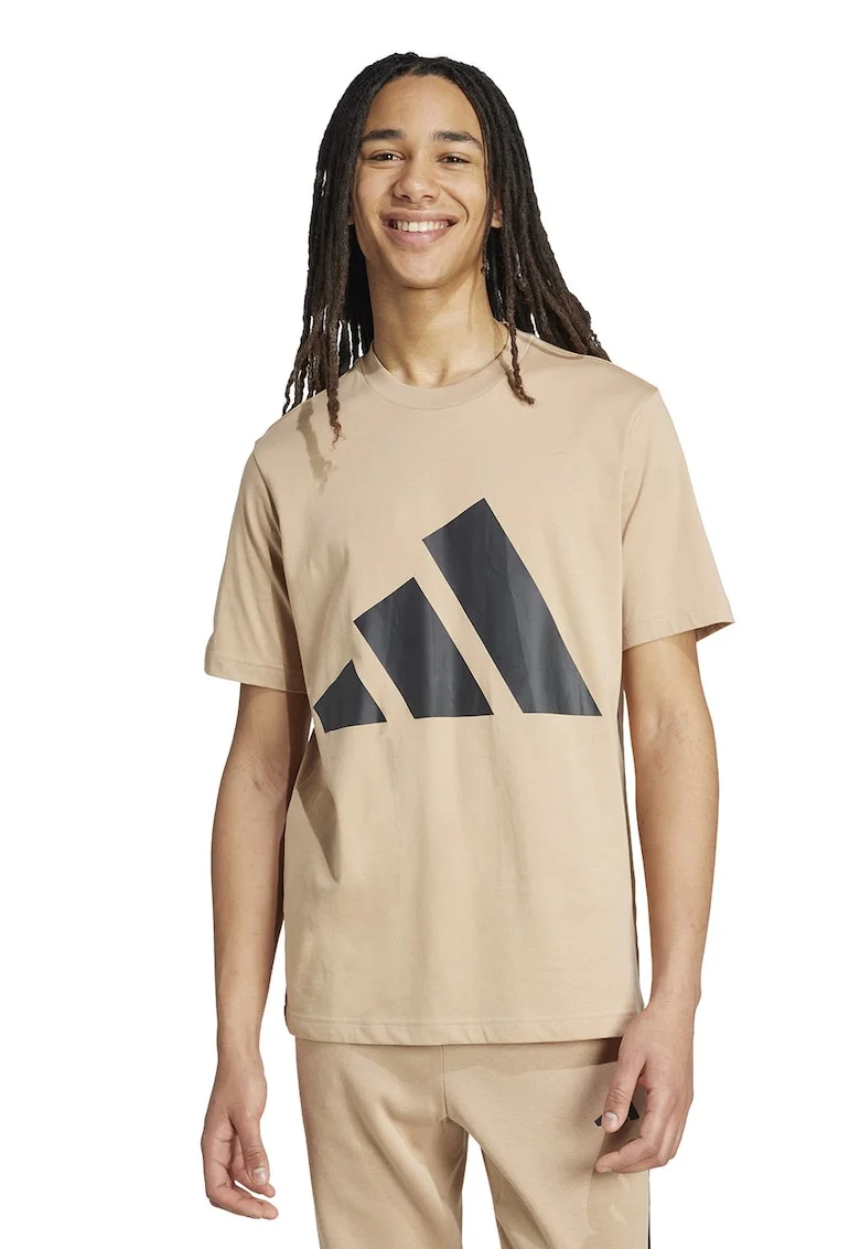 Tricou cu decolteu la baza gatului si imprimeu logo, Negru/Maro camel