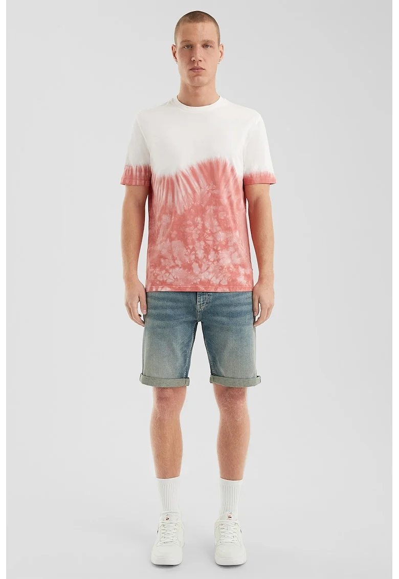 Tricou cu model tie-dye si decolteu la baza gatului, Rosu/Alb