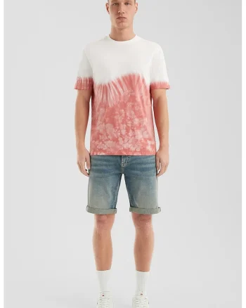 Tricou cu model tie-dye si decolteu la baza gatului, Rosu/Alb