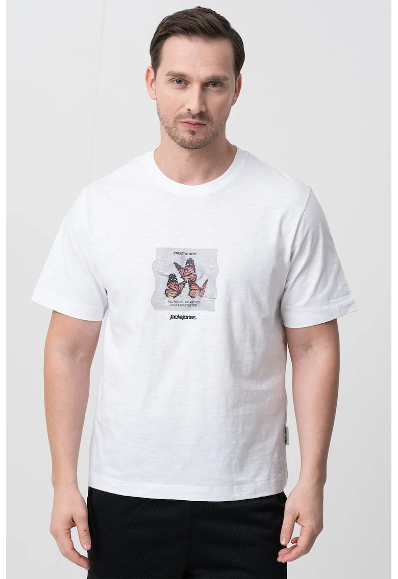 Tricou cu imprimeu grafic si decolteu la baza gatului, Alb/Negru/Rosu stins