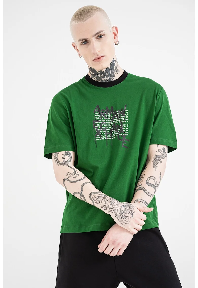 Tricou cu decolteu la baza gatului si logo, Verde/Negru