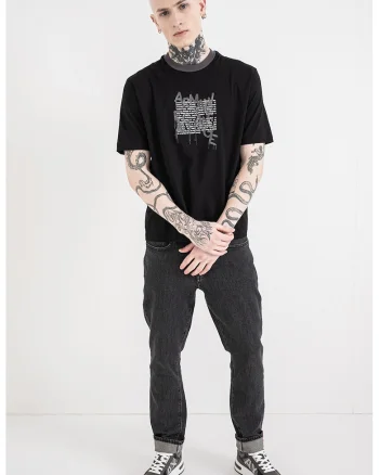 Tricou cu decolteu la baza gatului si logo, Negru/Gri/Alb murdar