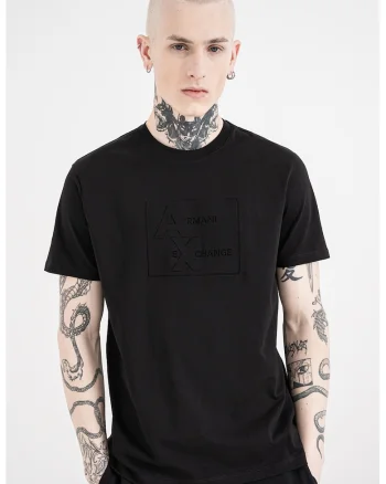 Tricou de bumbac cu decolteu la baza gatului, Negru