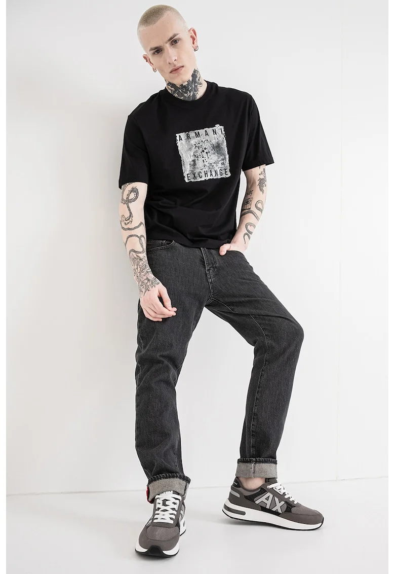 Tricou cu logo si decolteu la baza gatului, Negru/Gri deschis