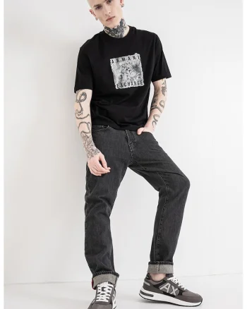 Tricou cu logo si decolteu la baza gatului, Negru/Gri deschis