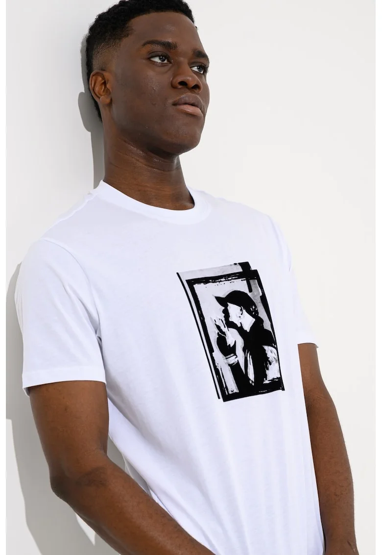 Tricou cu decolteu la baza gatului si imprimeu grafic pe piept, Negru/Alb optic