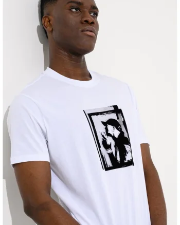 Tricou cu decolteu la baza gatului si imprimeu grafic pe piept, Negru/Alb optic